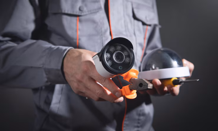 Technicien Alarmevo en train de réparer un boîtier d'alarme mural